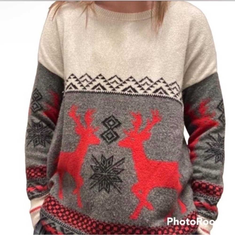 Mossimo Supply Co. Reindeer Sweater Grey Red‎ Ugly Christmas Snow Holiday Long L